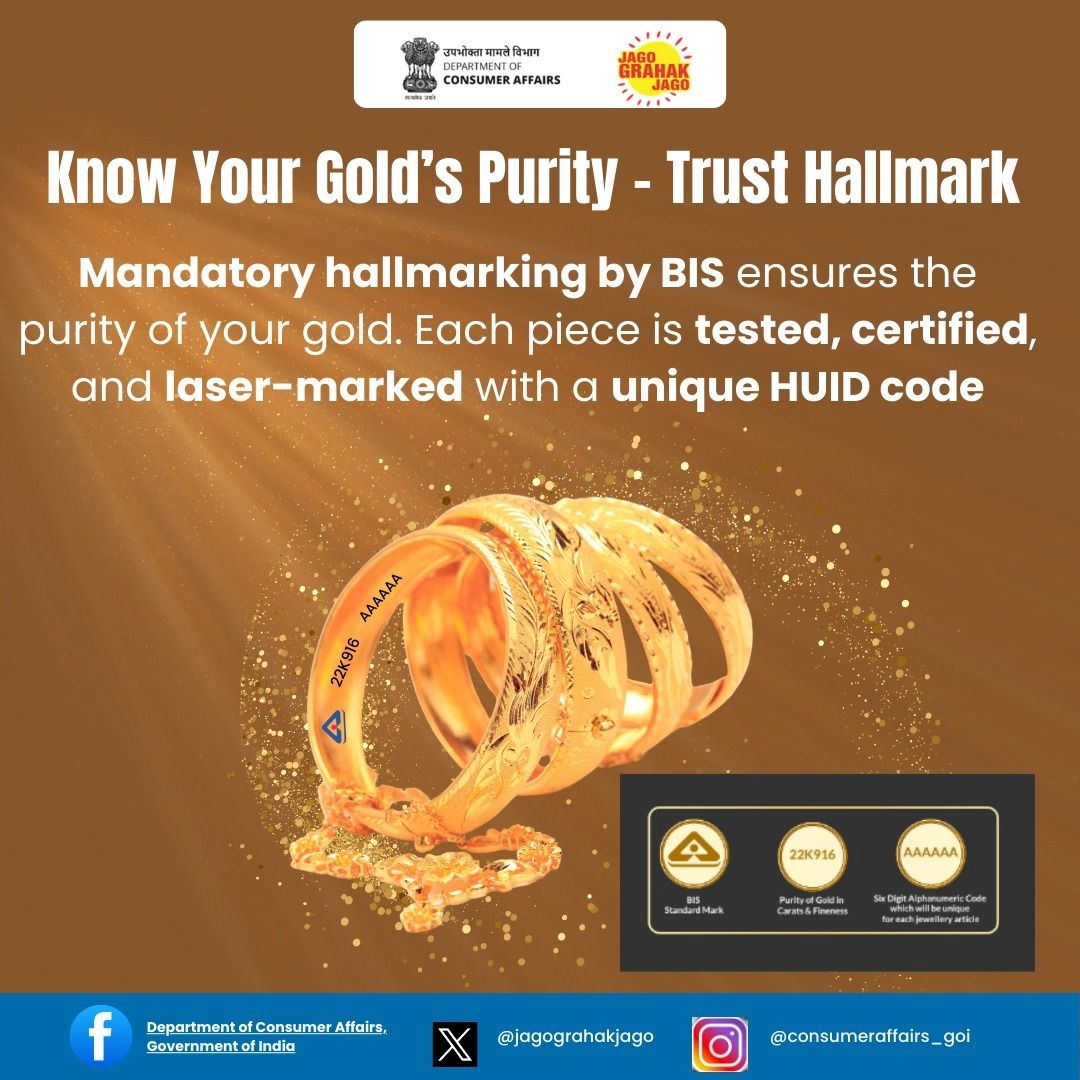 Slide 1 - Know your gold's purity - Trust Hallmark.Mandatory hallmarking by BIS ensures the purity of your gold.Each piece is tested, certified and laser-marked witha unique HUID code